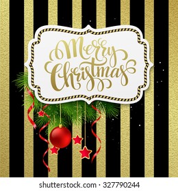 Merry christmas label with gold lettering. Vector Illustration EPS 10