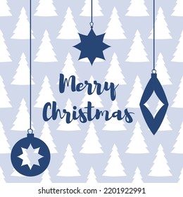 Merry Christmas label with lettering and blue stars and Christmas toys.