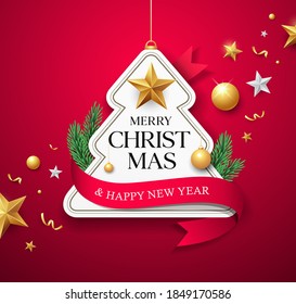 Merry Christmas label paper tree shape red ribbon design on red background, Eps 10 vector illustration