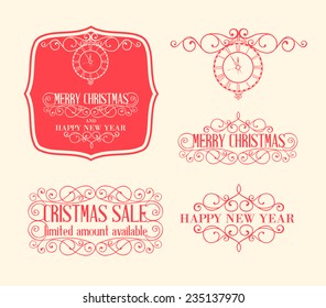 Merry christmas label with swirld design elements set. Happy new year collection. Vector illustration.