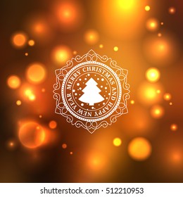 Merry christmas label. Vintage xmas sign with blurred background.