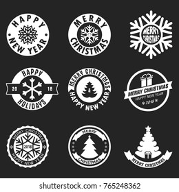 Merry Christmas labels, budges, stickers. Vector illustration in black and white colors. Must have for winter holidays design