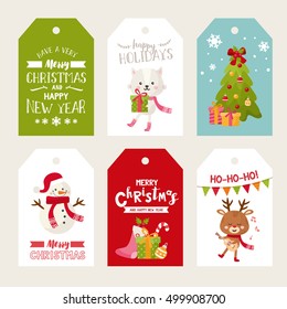 Merry Christmas labels with cute animals. Happy New Year greeting cards. Cat with gift, deer with guitar, cute snowman, decorated Christmas tree. Illustration for kids, Xmas holidays.