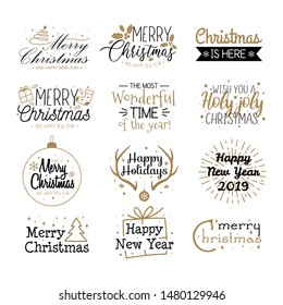 Las etiquetas y saludos de navidad conjunto de la ilustración vectorial. Letras festivas escritas en letra negra y dorada en estilo plano de fondo blanco. Concepto de Nova