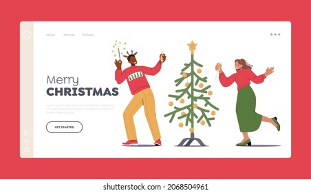 Merry Christmas Landing Page Template. Happy Colleagues or Loving Couple Celebrate New Year Party. Positive Man Woman in Funny Hats Clink Champagne Glasses and Dance. Cartoon Vector Illustration