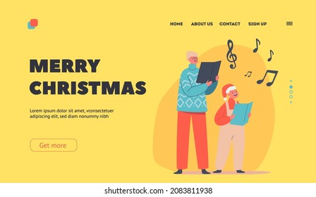 Merry Christmas Landing Page Template. Cute Children Caroling, Happy Kids Characters Wearing Santa Claus Hats and Knit Sweaters Singing Songs. Boy and Girl Sing with Books. Cartoon Vector Illustration