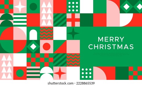 Merry Christmas landing web page template for holiday celebration event. Flat geometry shape mosaic illustration in abstract scandinavian art style.