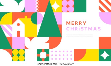 Merry Christmas landing web page template for holiday celebration event. Flat geometry shape mosaic illustration in abstract scandinavian art style.