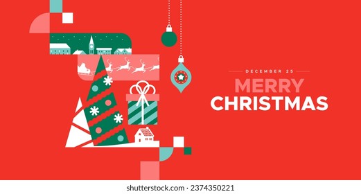 Merry Christmas landing web page template for xmas celebration event. Flat cartoon mosaic illustration includes santa claus with reindeer, gift box, pine tree and more.