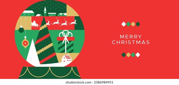 Merry Christmas landing web page template for xmas celebration event. Flat cartoon mosaic illustration includes santa claus with reindeer, gift box, pine tree and more.