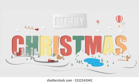Merry Christmas landscape background in paper cut style. Vector illustration Christmas celebration with cityscape and countryside.