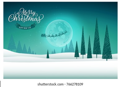 Merry Christmas landscape, beautiful holiday card with Xmas tree, santa sleigh, moon, blue background