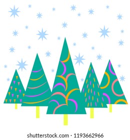 Merry Christmas landscape. Decorated fir trees, starry sky, vector illustration, Christmas card