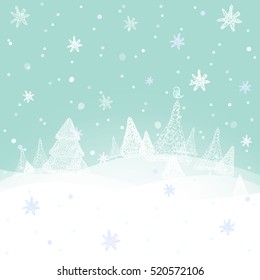 Merry Christmas Landscape, falling snow greeting card winter background with snowflakes. Vector illustration