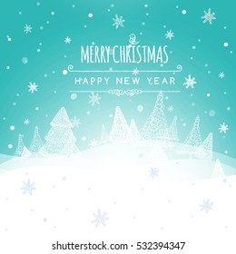 Merry Christmas Landscape, greeting card light  background. holidays wish design. Happy new year message. Vector illustration