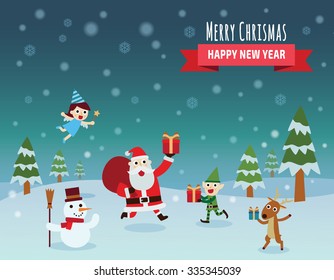 Merry Christmas Landscape. happy new year vector flat design illustration.
