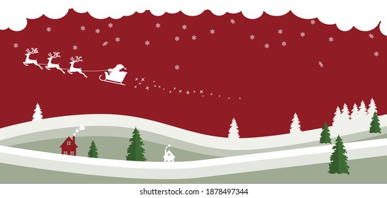 Merry Christmas Landscape. Santa Into the Winter Christmas Night.