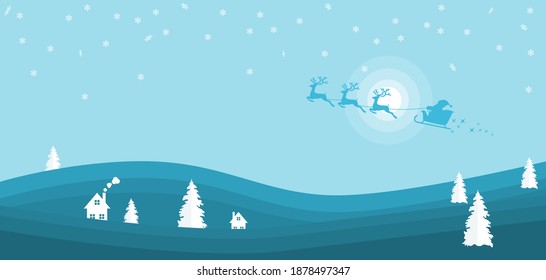 Merry Christmas Landscape. Santa Into the Winter Christmas Night