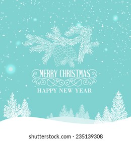 Merry Christmas Landscape with snow hills and trees. Vector illustration.