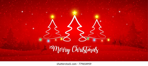 Merry Christmas Landscape with Christmas Tree Lights Vector Illustration