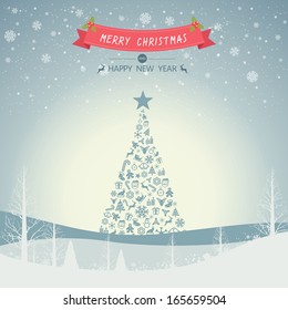 Merry Christmas Landscape and Christmas tree with snowflake and place for text