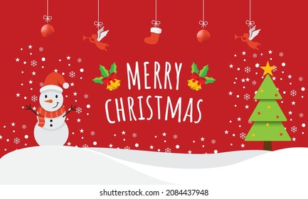 Merry Christmas landscape with christmas tree and snowman vector on red background.