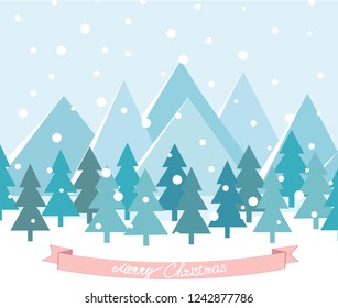 Merry Christmas Landscape. Vector. Christmas card with trees and mountains