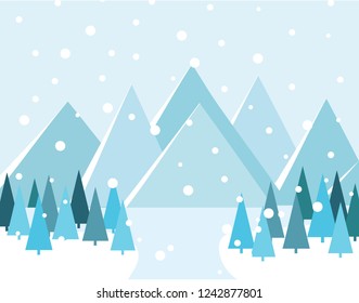 Merry Christmas Landscape. Vector. Christmas card with trees and mountains