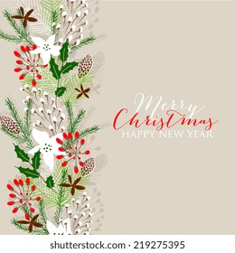 Merry Christmas Landscape. Vector Christmas retro greeting card and background
