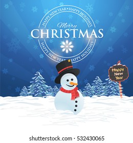 Merry Christmas Landscape, Winter Background Design, Snowflakes, Snowman, Pine Tree and Snow Illustration, Happy New Year 2017 Greeting Card Template