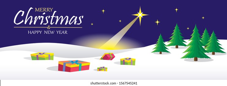 Merry Christmas Landscape. Christmas winter night landscape with star, gifts, snow and xmas tree. Vector winter background. Vector illustration