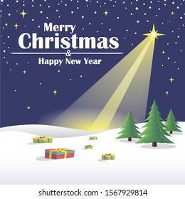 Merry Christmas Landscape. Christmas winter night landscape with star, gifts, snow and xmas tree. Vector winter background.