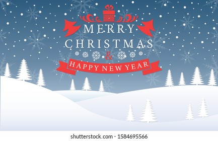 Merry Christmas landscape. Xmas and Happy New Year greeting card design. Winter background with snow, fir trees and snowflakes. Holiday banner. Vector illustration.