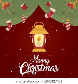 merry christmas lantern with boots and spheres design, winter season and decoration theme Vector illustration