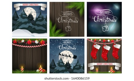 Merry Christmas, a large set of square greeting cards isolated on a white background. Cartoon winter landscape and wooden textures with Christmas tree branches