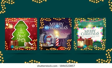 Merry Christmas, a large set of square greeting cards isolated on a white background. Cartoon winter landscape and wooden textures with Christmas tree branches