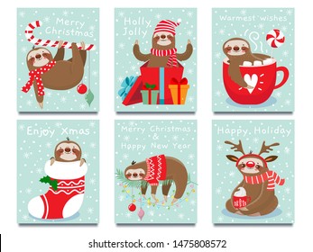 Merry Christmas lazy sloth. Happy New Year cute lazybones, xmas laziness and winter holidays greeting card. 2020 party invitation postcard, sloth character poster vector illustration