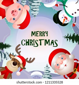 Merry Christmas leaflet design. Creative lettering with cartoon characters of deer, pig, snowman and Santa Claus. Can be used for postcards, posters, leaflets