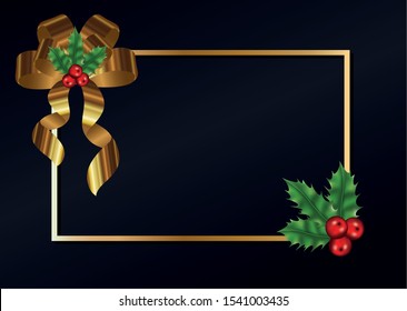 merry christmas leafs with cherries and bowtie in golden frame vector illustration