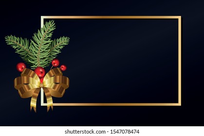 merry christmas leafs with cherries and bowtie in golden frame vector illustration