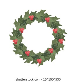 merry christmas leafs crown with berries decoration vector illustration design
