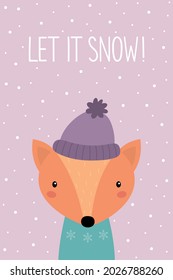 Merry Christmas. Let it snow. A New Year's card. Cute cartoon fox in a hat. Vector illustration