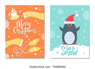 Merry Christmas let it snow winter postcards with warm cloth as knitted scarf and mittens, cup of hot tea or coffee, penguin in red santa hat vector