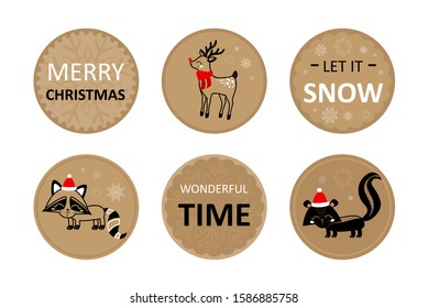 Merry Christmas. Let it snow. Wonderful time. Set of holiday stockers with animals. Deer, raccoon and skunk.  New year. 