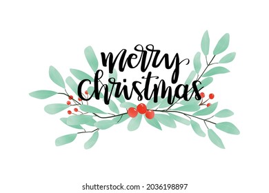 Feliz carta de navidad con rama de berry. Pintura de color de agua de floral y escritura a mano de navidad.Ilustración vectorial de tarjeta de navidad o pancarta