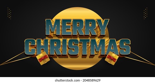 Merry Christmas Letter in Green and Gold with 3D Effect and Luxury Golden Gift Box. Merry Christmas Design for Banner, Poster, or Greeting Card