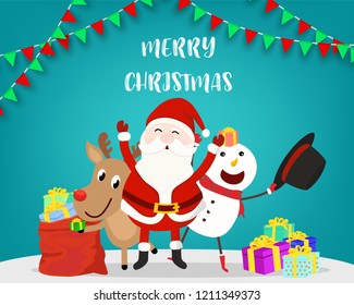 Merry Christmas Letter And Group Of Santa Claus, Reindeer And Snow Man With Present Gift Boxes In Party With Bunting Flag Background.Design For Christmas And New Year Card In Vector Illustration