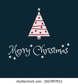 Merry Christmas letter template. Invitation card with a Christmas tree and stars. On a dark background. Winter holidays, typographic quotes. Marketing and social media. Vector illustration.