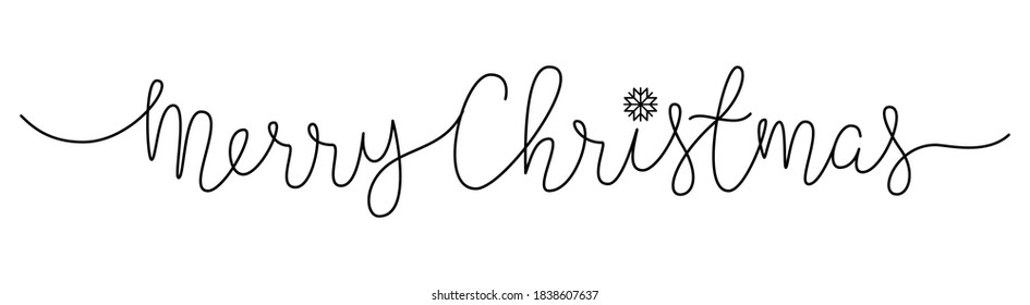 Merry Christmas lettering banner with snow flake hand drawn with thin line, divider shape. Isolated on white background. Vector illustration