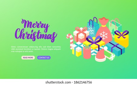 Merry Christmas Lettering Banner. Vector Illustration of Winter Holiday Isometry.